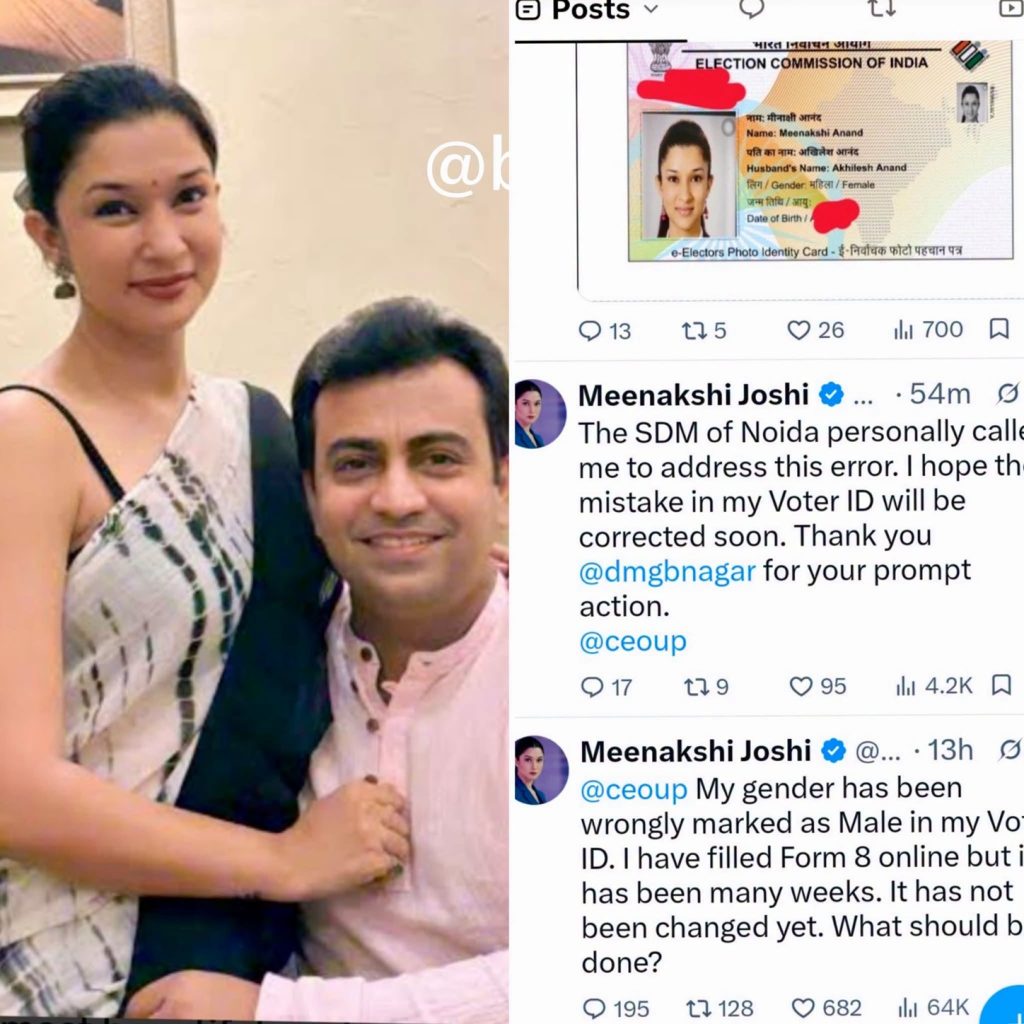 A couple posing for a photo on the left, with a screenshot of tweets about voter ID on the right side.