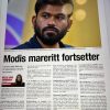 Newspaper front page with a close-up photo of Narendra Modi and a bold headline reading 'Modis mareritt fortsetter' beneath the image, Nyheter logo top right.