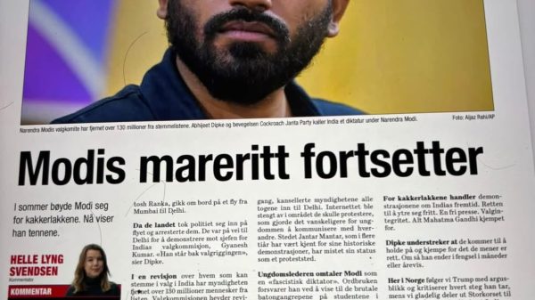 Newspaper front page with a close-up photo of Narendra Modi and a bold headline reading 'Modis mareritt fortsetter' beneath the image, Nyheter logo top right.