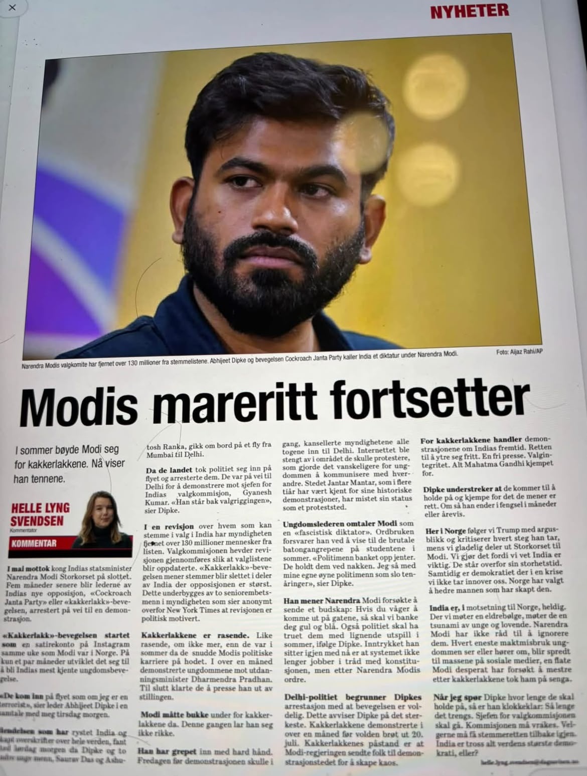 modi fortsetter | No. 1 Indian Media News Portal Newspaper front page with a close-up photo of Narendra Modi and a bold headline reading 'Modis mareritt fortsetter' beneath the image, Nyheter logo top right.