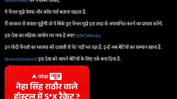 Twitter post showing Neha Singh Rathore's profile with a blue checkmark and Hindi tweet about ABP News; below is a red ABP News thumbnail with bold Hindi text alleging a 'sex racket' at Neha Singh Rathore's hostel and police raid.