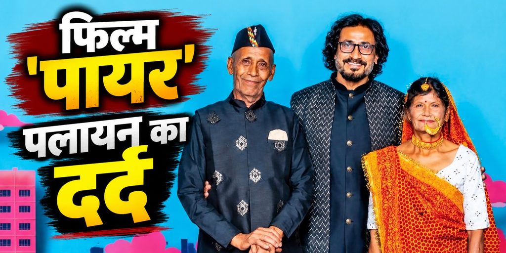 payre vinod | No. 1 Indian Media News Portal Three people pose for a film poster against a bright blue background: an elderly man in dark traditional attire, a man with glasses in a patterned jacket, and a smiling woman in a red and orange sari with gold jewelry; bold Hindi typography fills the left side of the image.