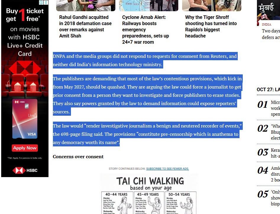 press freedom | No. 1 Indian Media News Portal News article screenshot showing blue highlighted quotes about a restrictive information law and press freedom; ad banner on the left side.