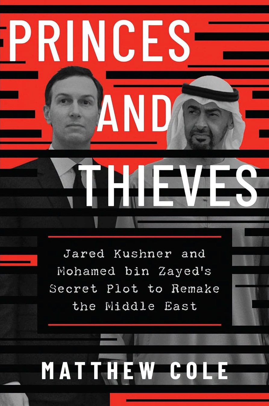 Book cover with two men in suits against a red and black striped background. Title reads 'Princes and Thieves'; subtitle references a secret plot to remake the Middle East; author 'Matthew Cole' at the bottom.