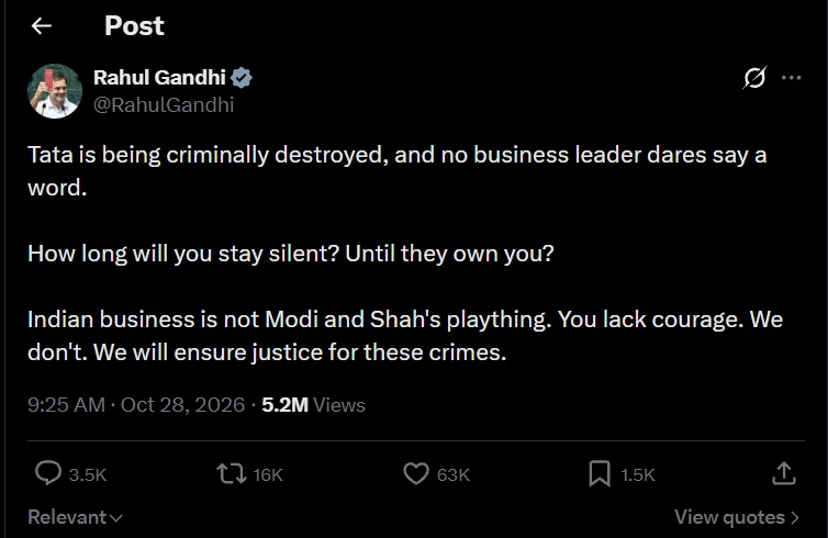Screenshot of Rahul Gandhi's tweet accusing Tata of crimes and urging justice, with bold questions about silence and courage; timestamp 9:25 AM, Oct 28, 2026 and 5.2M views.