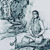 A guru sits cross‑legged in meditation on a rock with a garland around the neck, as people enter a cave behind him.