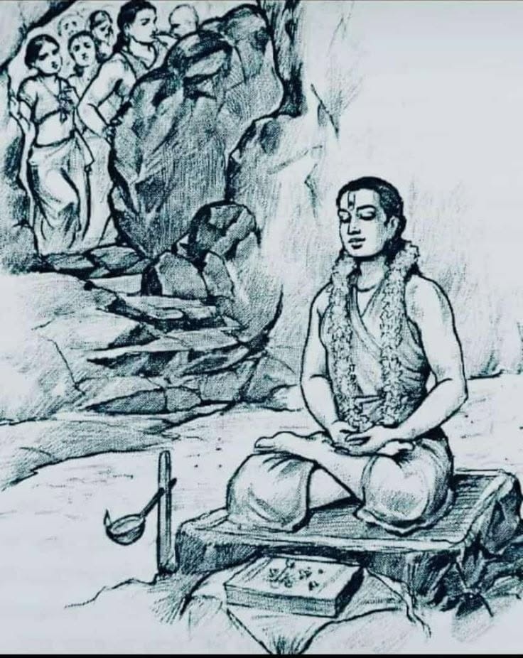 A guru sits cross‑legged in meditation on a rock with a garland around the neck, as people enter a cave behind him.