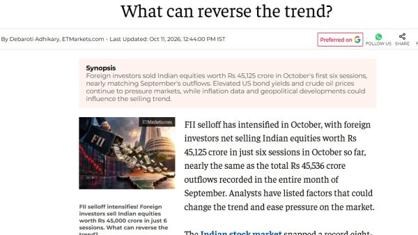 Headline: FII selloff intensifies! Foreign investors sell Indian equities worth Rs 45,000 crore in six sessions.