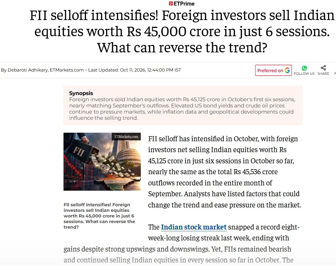 Headline: FII selloff intensifies! Foreign investors sell Indian equities worth Rs 45,000 crore in six sessions.