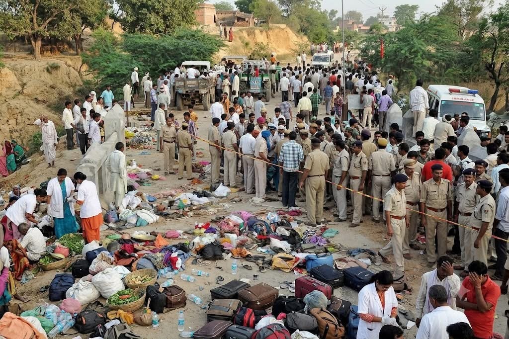 Crowd of bystanders, police, and vehicles at an outdoor scene with scattered bags and belongings strewn on the ground behind a cordon etiquette tape.
