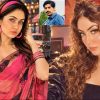 Collage of two women posing: left in a pink saree with pink accessories; right with curly hair in a black top and gold jewelry; small inset of a man in a blue shirt at the top center.