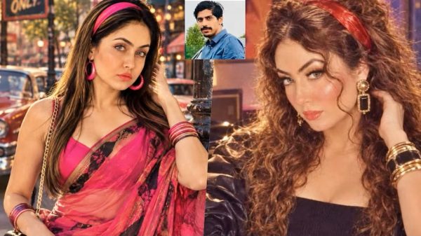 Collage of two women posing: left in a pink saree with pink accessories; right with curly hair in a black top and gold jewelry; small inset of a man in a blue shirt at the top center.