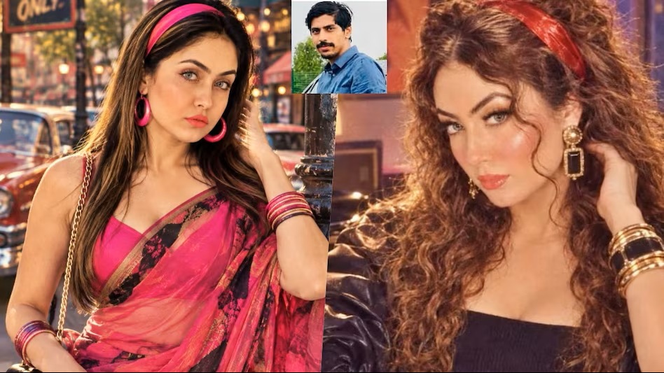 Collage of two women posing: left in a pink saree with pink accessories; right with curly hair in a black top and gold jewelry; small inset of a man in a blue shirt at the top center.