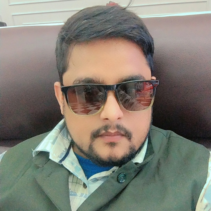 Man with beard and mustache wearing sunglasses and a green vest, seated against a dark brown headboard? (portrait)