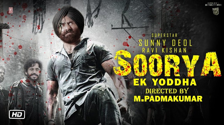 Poster for the film Soorya Ek Yodddha featuring a rugged man with a turban in the foreground, blood splatters, and bold yellow title text on the right.