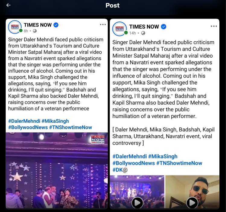 times now | No. 1 Indian Media News Portal Two side-by-side TIMES NOW posts about singer Daler Mehndi facing criticism, with hashtags and video thumbnails.