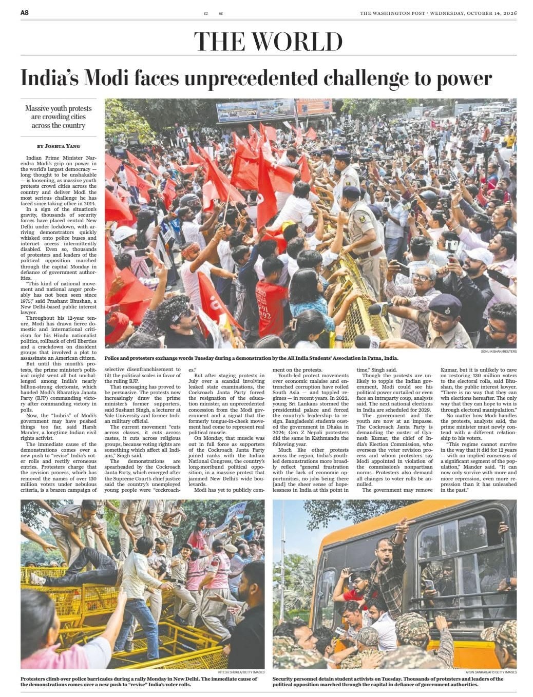 Front page of The World with headline 'India's Modi faces unprecedented challenge to power' and a photo of thousands of protesters clashing with police in Delhi (red flags, crowds, barricades)