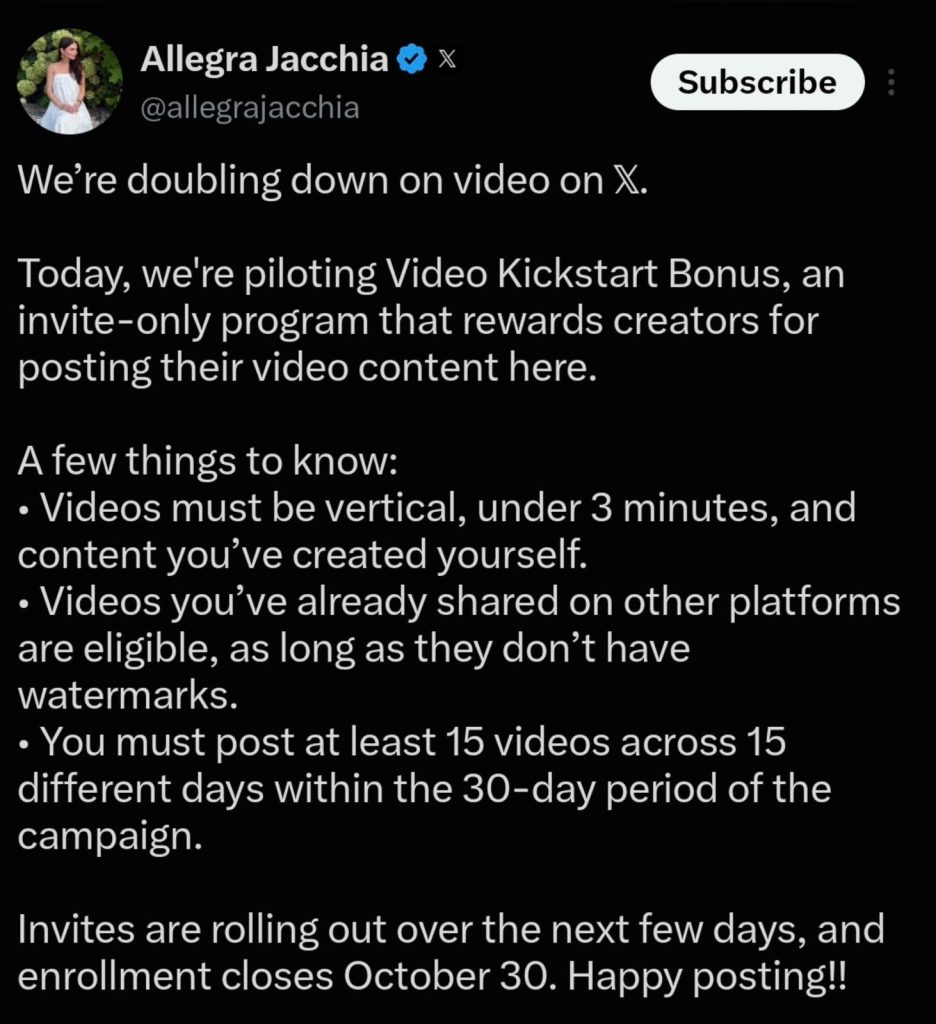 Screenshot of Allegra Jacchia's post announcing a pilot Video Kickstart Bonus on X, with bullet-point program details for creators.