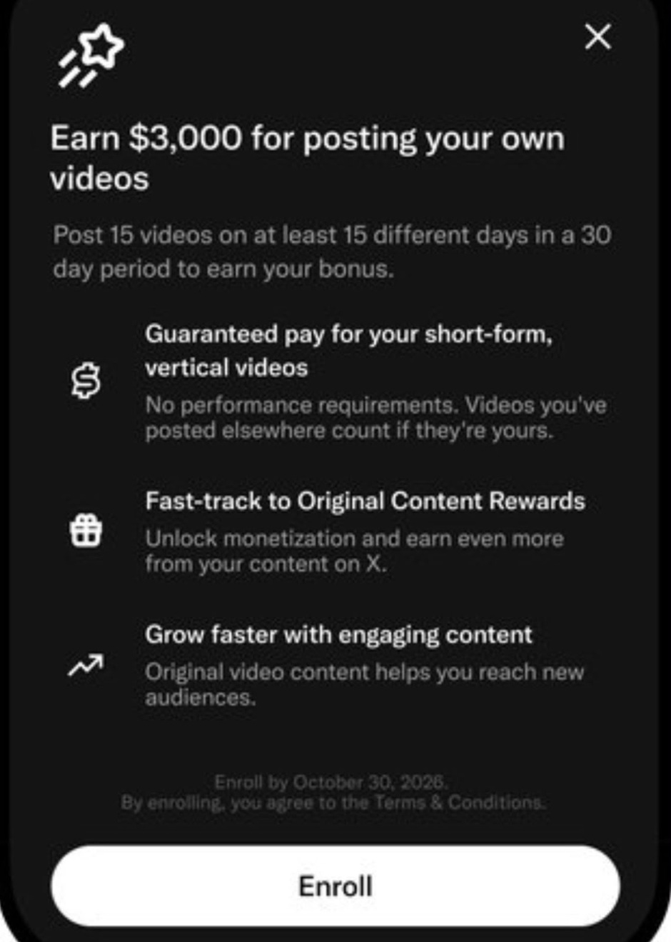 Promo modal offering $3,000 for posting your own videos, with an Enroll button and benefit bullets.